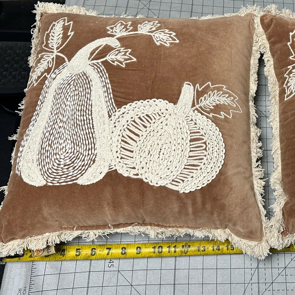 Devi Designs Brown Pillow Covers with Embroidered Pumpkins 17 x 17 Set of Two